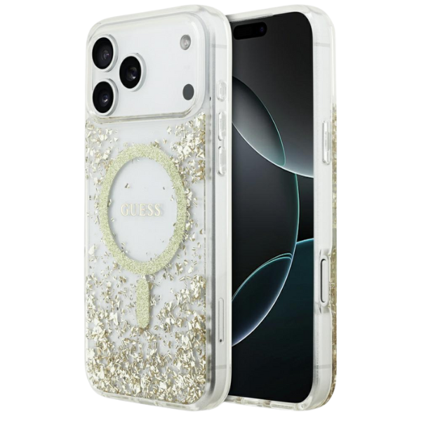 Guess Resin Bottom Glitter MagSafe dėklas Apple iPhone 17 Pro Max aukso spalvos aprašymas - Prekės nuotrauka