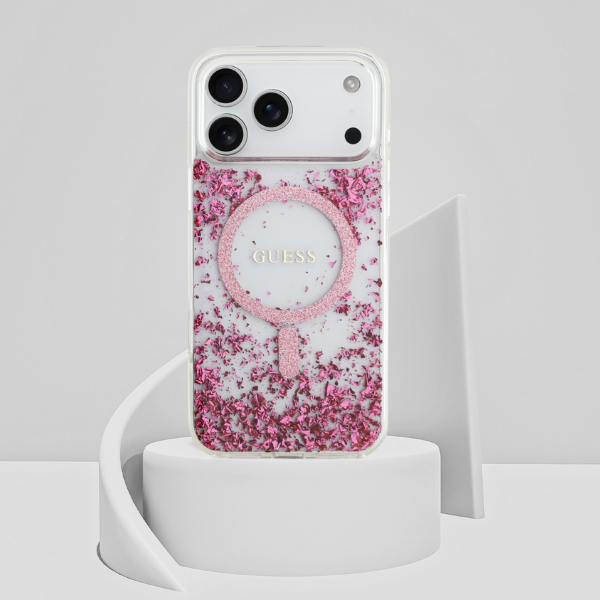 Guess Resin Bottom Glitter MagSafe dėklas Apple iPhone 17 Pro Max rožinės spalvos aprašymas - Prekės nuotrauka