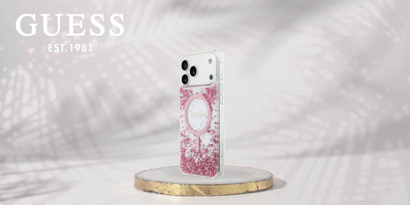 Guess Resin Bottom Glitter MagSafe dėklas Apple iPhone 17 Pro Max rožinės spalvos aprašymas - Prekės nuotrauka