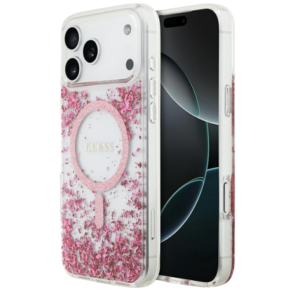 Guess Resin Bottom Glitter MagSafe dėklas Apple iPhone 17 Pro Max rožinės spalvos aprašymas - Prekės nuotrauka