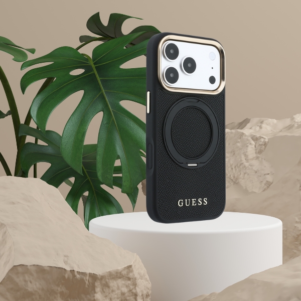 Guess Ring Stand 360 Grained Classic Logo MagSafe dėklas, skirtas iPhone 18 Pro / 17 Pro, juodas aprašymas - Prekės nuotrauka