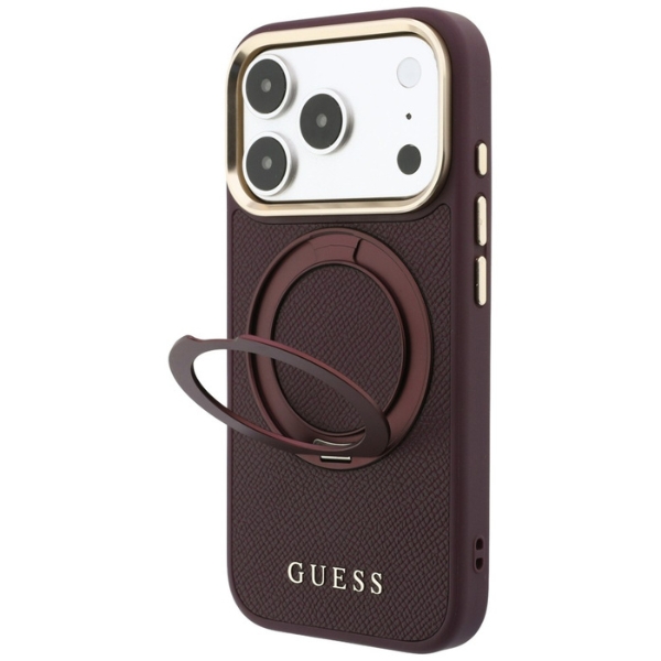 Guess Ring Stand 360 Grained Classic Logo MagSafe dėklas, skirtas iPhone 18 Pro / 17 Pro, bordo spalvos aprašymas - Prekės nuotrauka