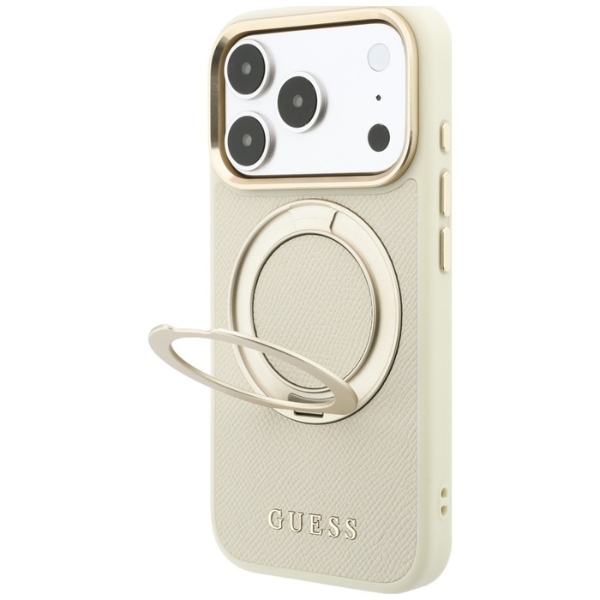 Guess Ring Stand 360 Grained Classic Logo MagSafe dėklas, skirtas iPhone 18 Pro Max / 17 Pro Max, smėlio spalvos aprašymas - Prekės nuotrauka