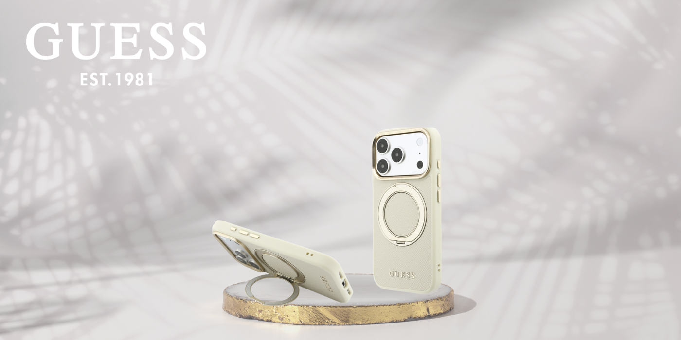 Guess Ring Stand 360 Grained Classic Logo MagSafe dėklas, skirtas iPhone 18 Pro Max / 17 Pro Max, smėlio spalvos aprašymas - Prekės nuotrauka