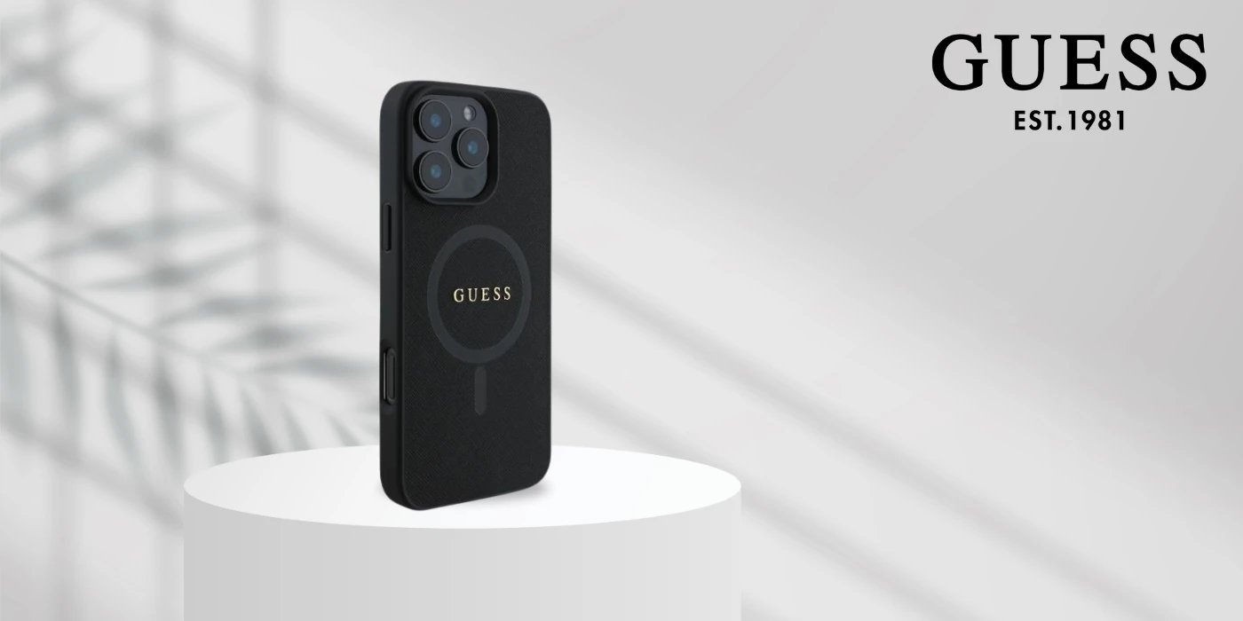 Guess Saffiano Classic Logo MagSafe Apple iPhone 16 Plus - dėklas telefonui juodos spalvos aprašymas - Prekės nuotrauka