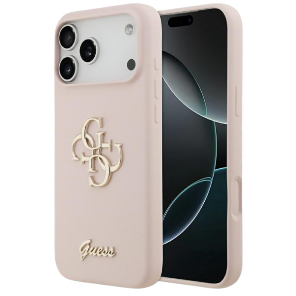 Guess Silicone Big 4G Script dėklas iPhone 17 Pro Max rožinės spalvos aprašymas - Prekės nuotrauka