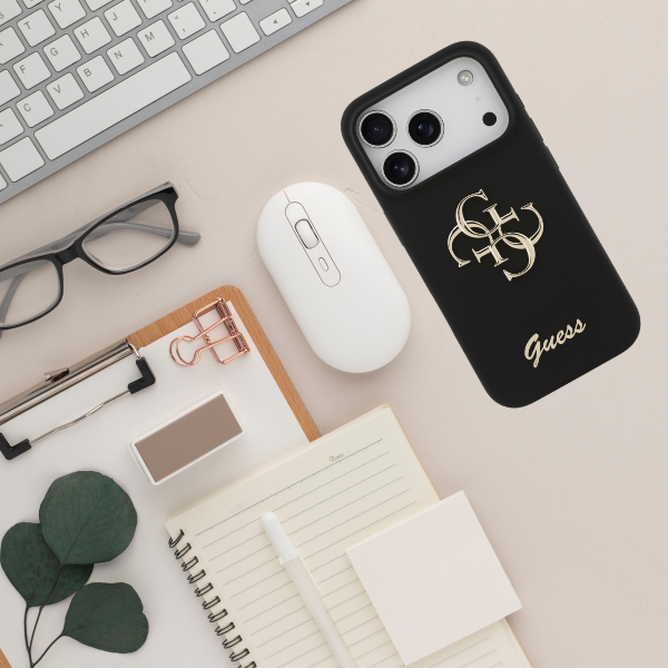 Guess Silicone Big 4G Script dėklas skirtas Apple iPhone 17 Pro juodos spalvos aprašymas - Prekės nuotrauka