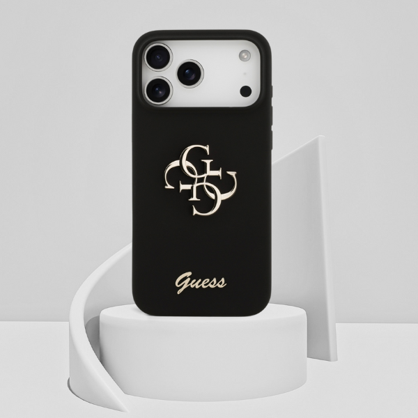 Guess Silicone Big 4G Script dėklas skirtas Apple iPhone 17 Pro Max juodos spalvos aprašymas - Prekės nuotrauka