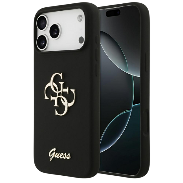 Guess Silicone Big 4G Script dėklas skirtas Apple iPhone 17 Pro Max juodos spalvos aprašymas - Prekės nuotrauka