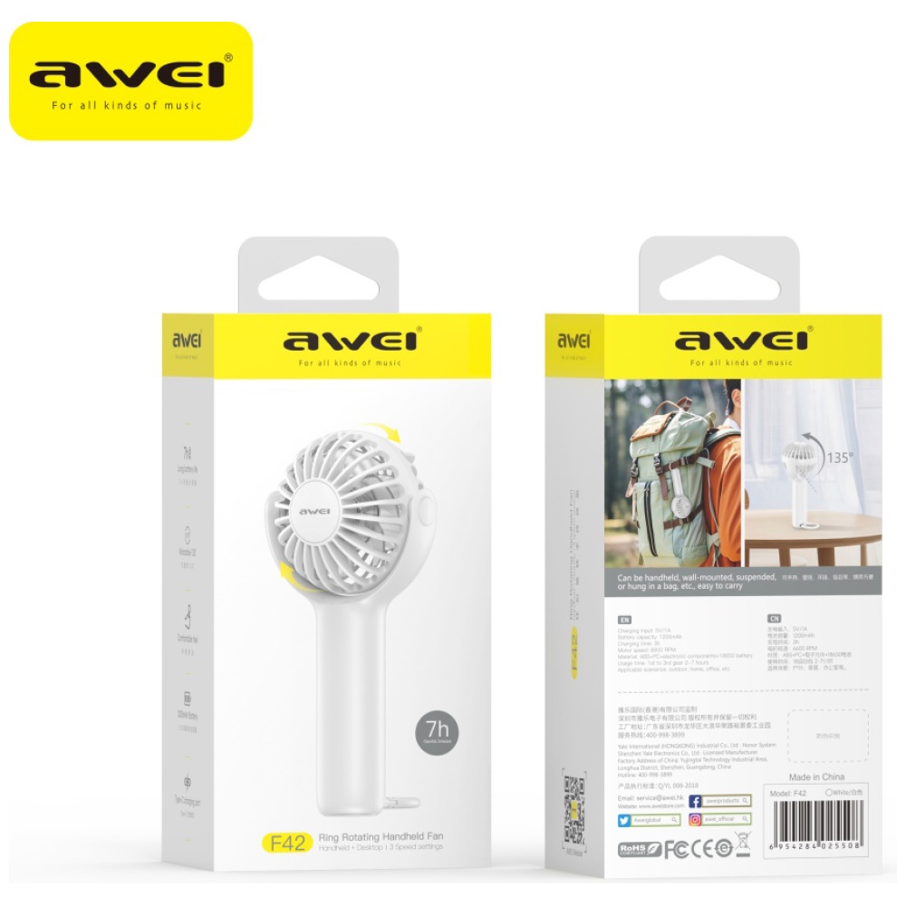 Ventiliatorius Handheld Fan AWEI F42 Baltas aprašymas - Prekės nuotrauka