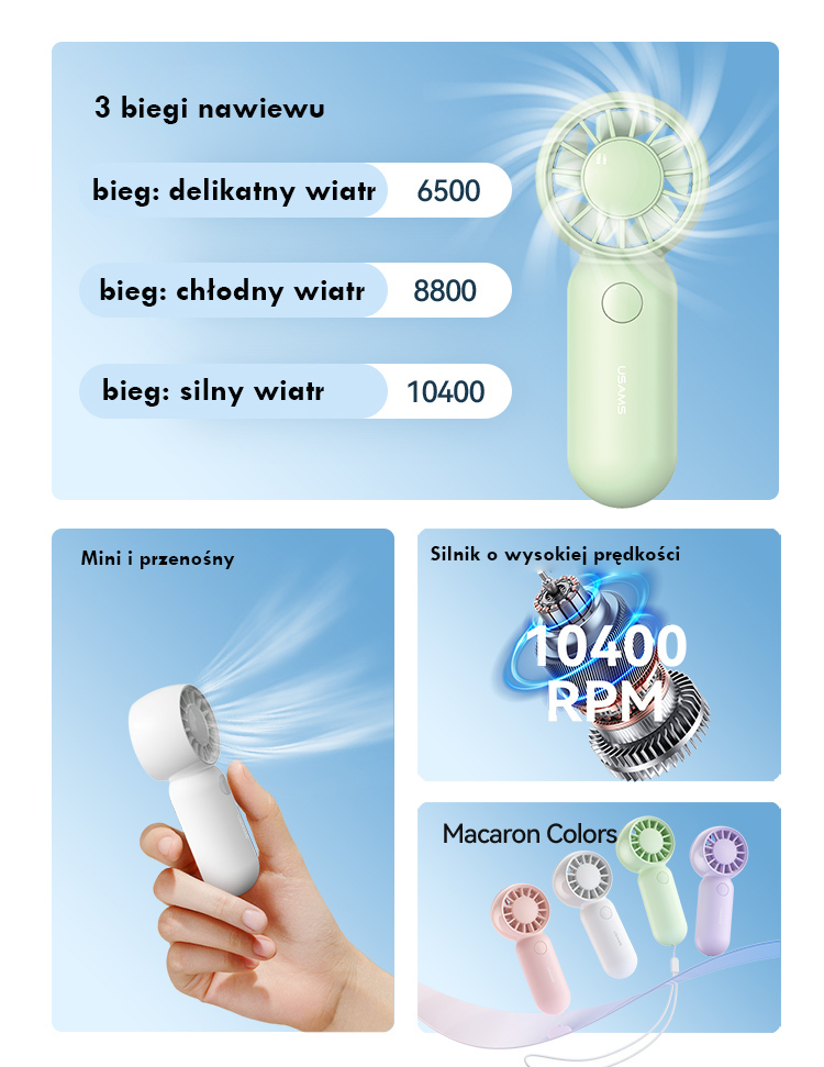 Ventiliatorius Handheld fan USAMS Mini Pocket ZB354 baltas aprašymas - Prekės nuotrauka