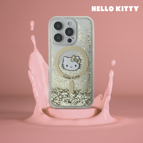 Hello Kitty HKHMP16LLGDIH iPhone 16 Pro 6.3″ baltos spalvos auksinis kietas dėklas Liquid Glitter Fever M aprašymas - Prekės nuotrauka