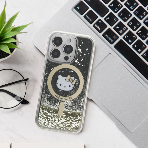 Hello Kitty HKHMP16XLGDIK iPhone 16 Pro Max 6.9″ juodos spalvos auksinis kietas dėklas Liquid Glitter Fe aprašymas - Prekės nuotrauka