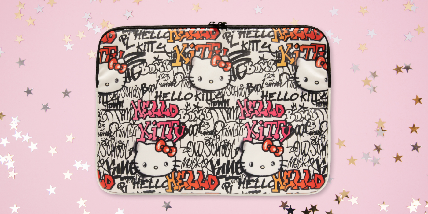 Hello Kitty kompiuterio dėklas HKCSZPDGPTE 14″ smėlio spalvos užtrauktuku PU su grafiti raštais aprašymas - Prekės nuotrauka
