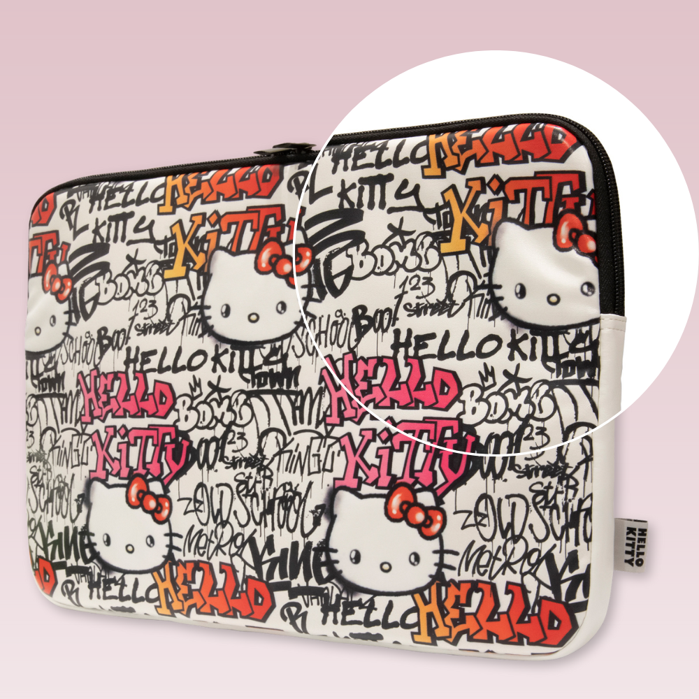 Hello Kitty kompiuterio dėklas HKCSZPDGPTE 14″ smėlio spalvos užtrauktuku PU su grafiti raštais aprašymas - Prekės nuotrauka