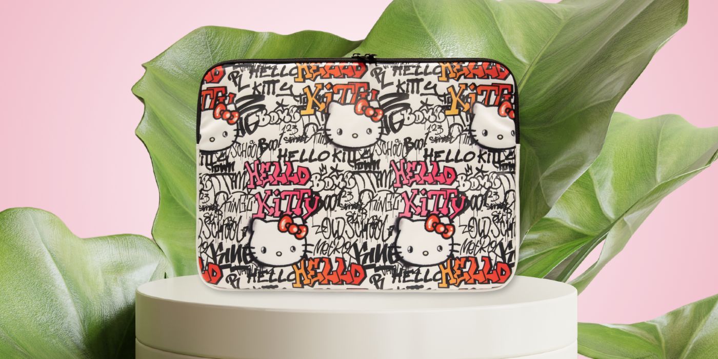 Hello Kitty kompiuterio dėklas HKCSZPDGPTE 14″ smėlio spalvos užtrauktuku PU su grafiti raštais aprašymas - Prekės nuotrauka