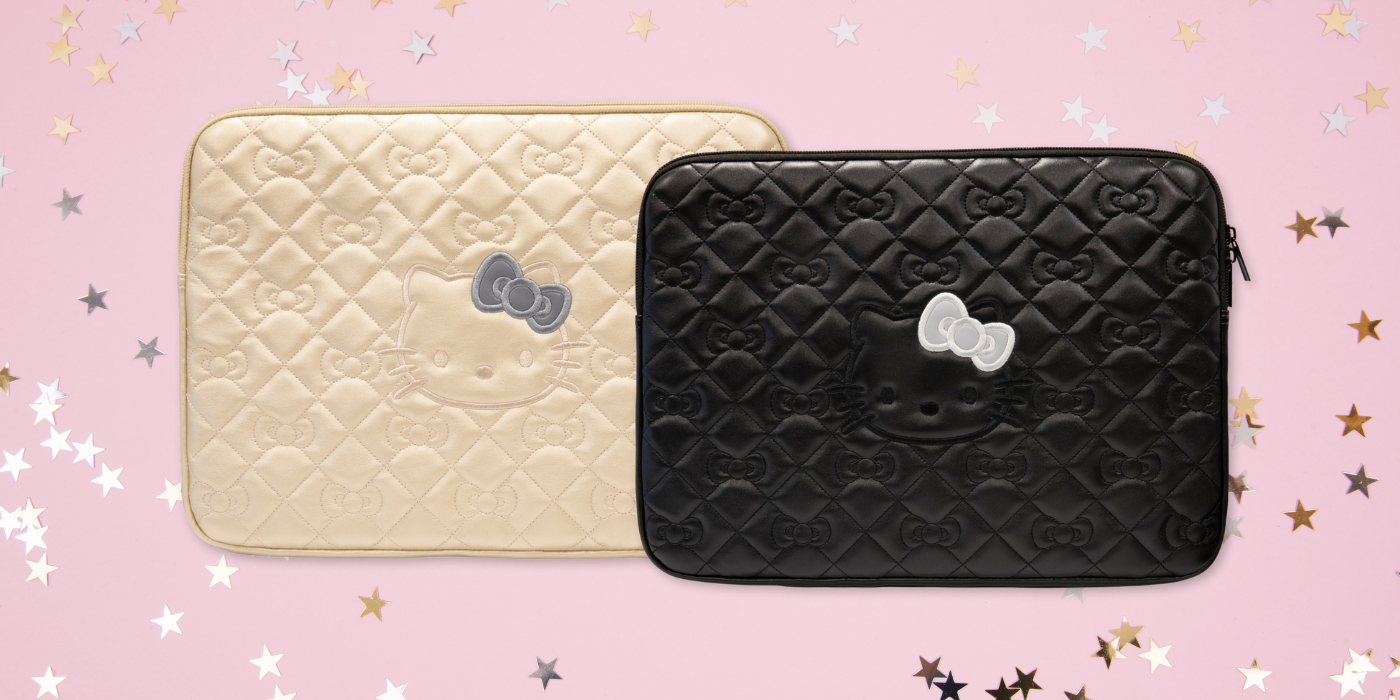 Hello Kitty kompiuterio dėklas HKCSZPEKHBPK 14″ juodos spalvos Zip PU dygsniuotas su kaspinais aprašymas - Prekės nuotrauka