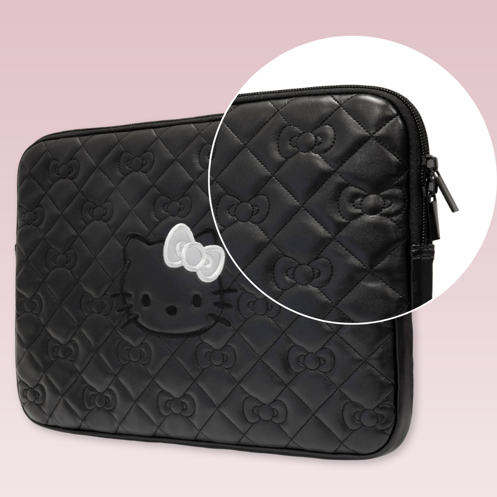 Hello Kitty kompiuterio dėklas HKCSZPEKHBPK 14″ juodos spalvos Zip PU dygsniuotas su kaspinais aprašymas - Prekės nuotrauka