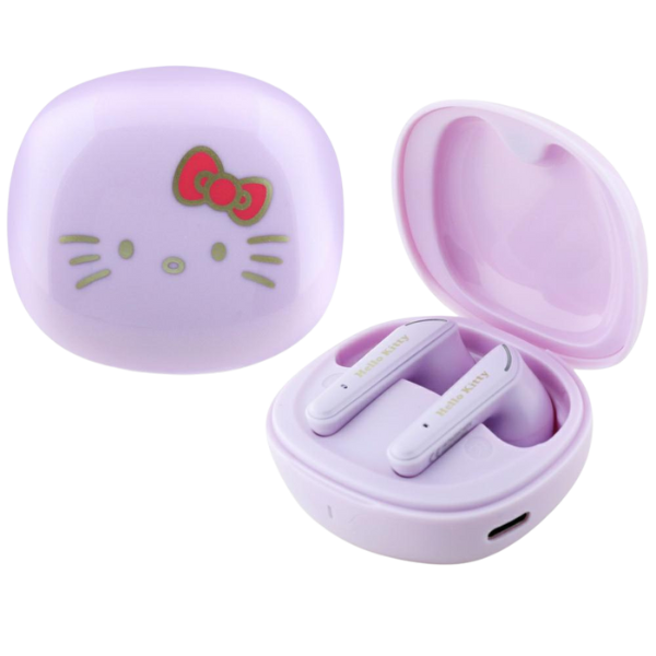 Hello Kitty TWS ausinės su blizgia apdaila, violetinės spalvos aprašymas - Prekės nuotrauka