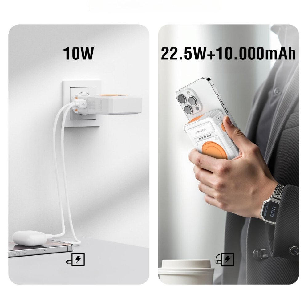 Hibridinis įkroviklis 4smarts 6-in-1 USB-C/USB-A PD 22.5W su 10 000 mAh išorine baterija, Qi belaidžiu įkrovimu, aprašymas - Prekės nuotrauka