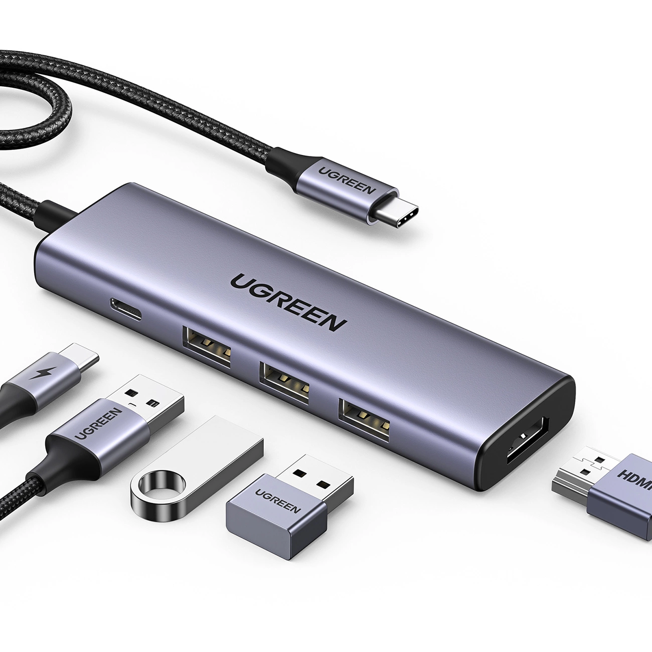 HUB Ugreen CM511 15597 5in1 USB-C – USB-C PD / HDMI / 3x USB-A 3.0 – pilkos spalvos aprašymas - Prekės nuotrauka
