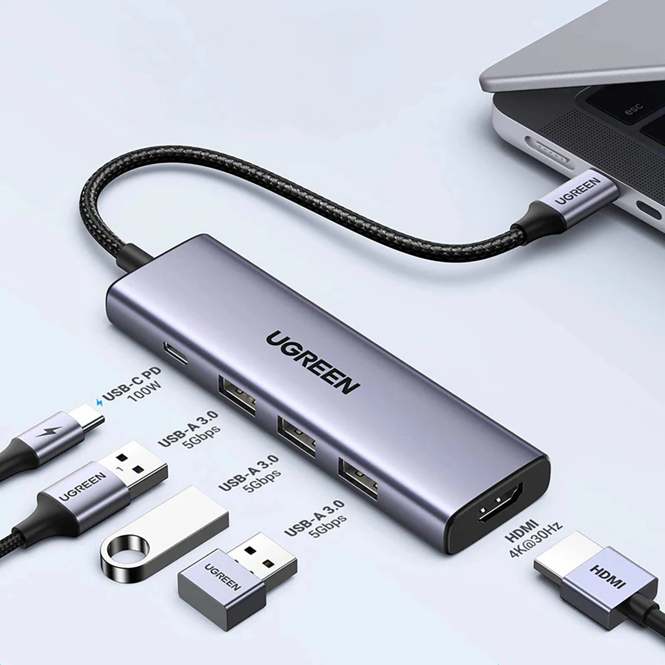 HUB Ugreen CM511 15597 5in1 USB-C – USB-C PD / HDMI / 3x USB-A 3.0 – pilkos spalvos aprašymas - Prekės nuotrauka