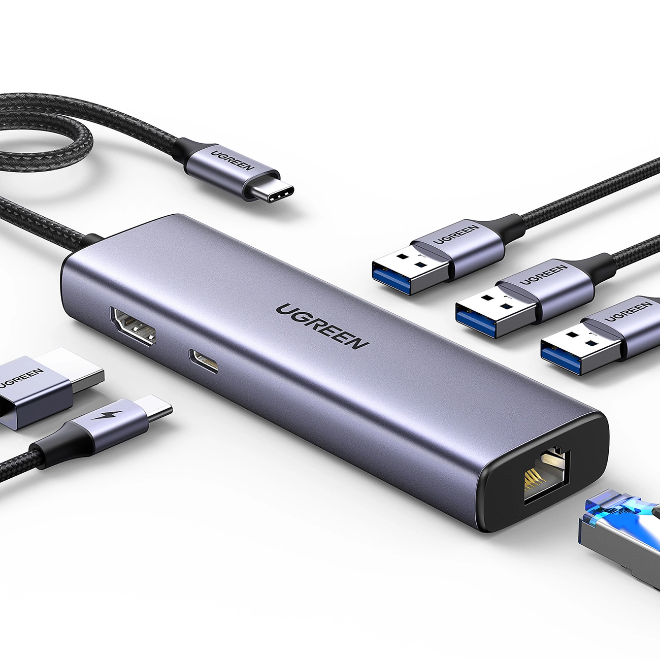 HUB Ugreen CM512 15598 6in1 USB-C – 3x USB-A 3.0 / HDMI / RJ45 / USB-C PD - pilka aprašymas - Prekės nuotrauka
