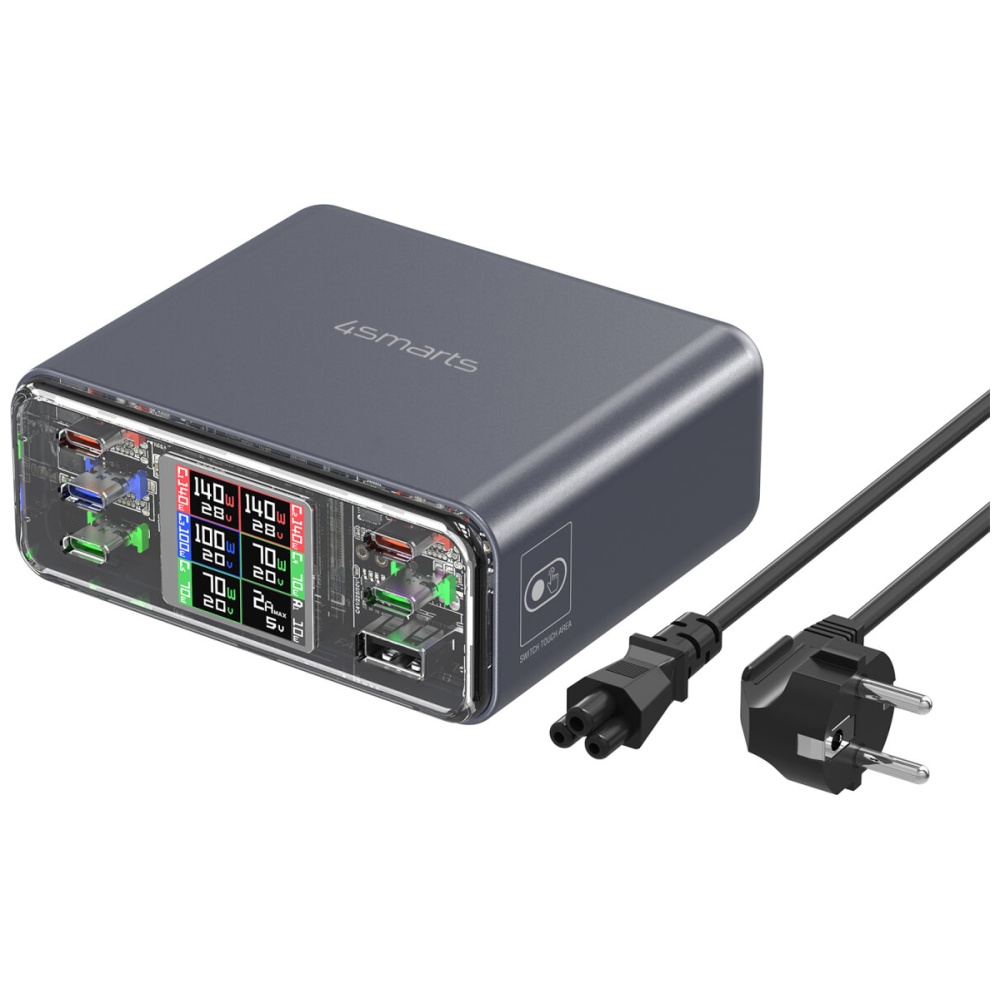 Įkrovimo stotelė 4smarts Desk Charger Lucid GaN DIY 360W 5xUSB-C 1xUSB-A pilka aprašymas - Prekės nuotrauka