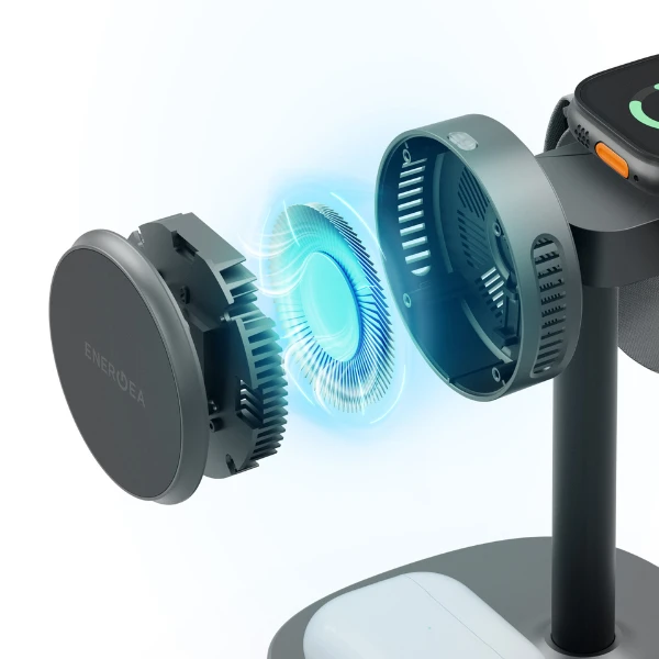 Įkrovimo stotelė Energea MagArctic Stand 4in1 Qi2 su aušintuvu and cable graphite aprašymas - Prekės nuotrauka Įkrovimo stotelė Energea MagArctic Stand 4in1 Qi2 su aušintuvu and cable graphite aprašymas - Prekės nuotrauka