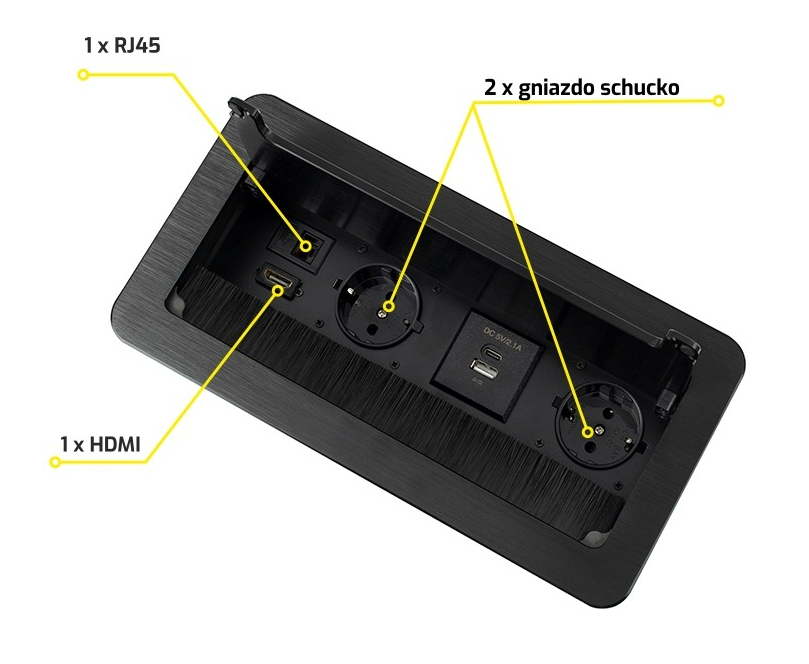 Design Light Ilgiklis montuojamas balde INBOX, 2x Schuko, 1x USB A, 1x USB-C, HDMI, RJ45, su 1.5m ilgio laidu, juodas aprašymas - Prekės nuotrauka