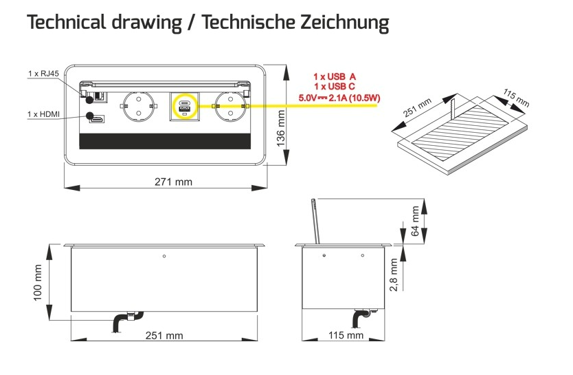 Design Light Ilgiklis montuojamas balde INBOX, 2x Schuko, 1x USB A, 1x USB-C, HDMI, RJ45, su 3m ilgio laidu, juodas aprašymas - Prekės nuotrauka