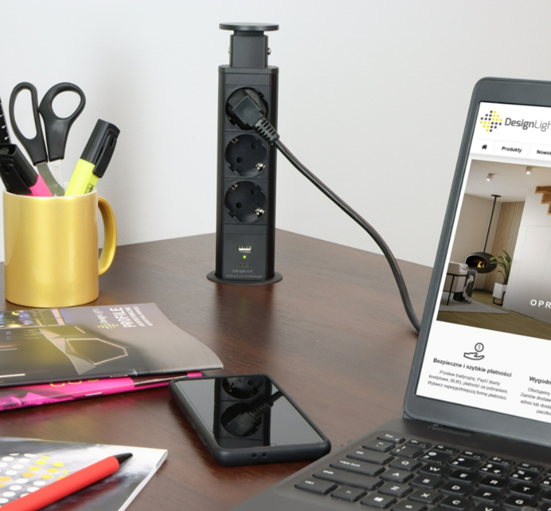 Design Light Ilgiklis montuojamas balde LIFT BOX, 3x Schuko, 1x USB A, 1x USB C, su 1.5m ilgio laidu, juodas aprašymas - Prekės nuotrauka
