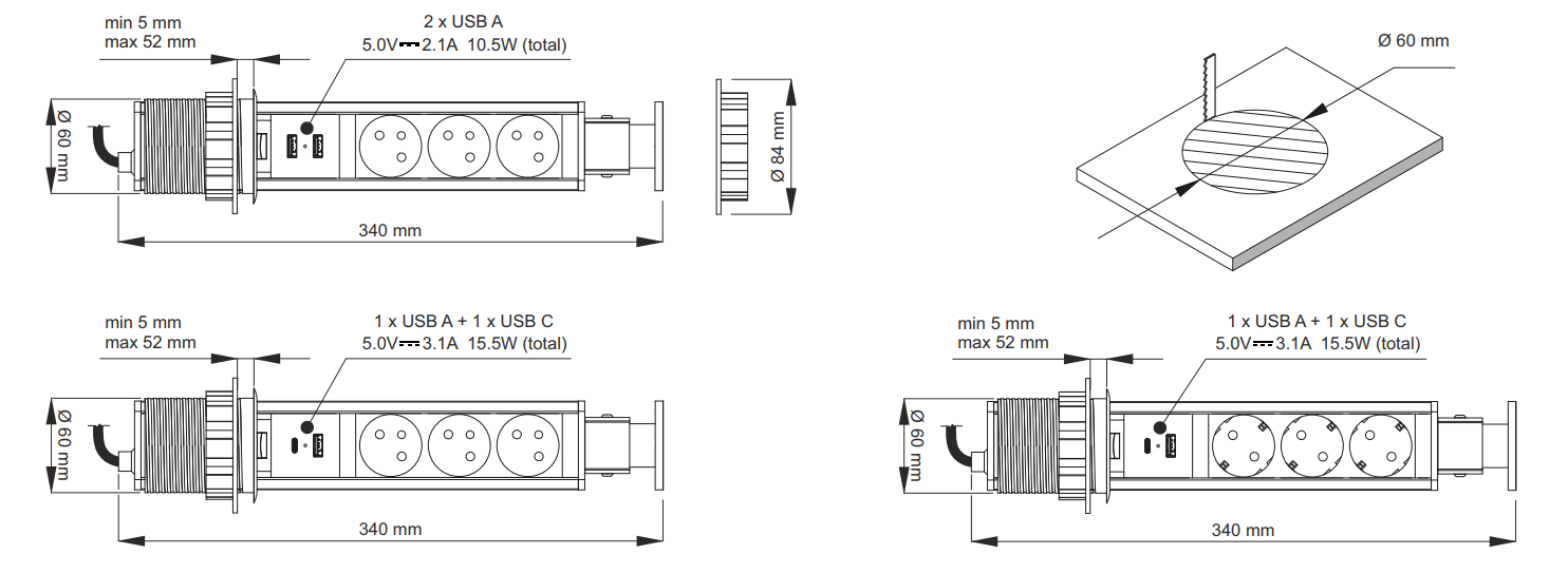 Design Light Ilgiklis montuojamas balde LIFT BOX, 3x Schuko, 1x USB A, 1x USB C, su 1.5m ilgio laidu, juodas aprašymas - Prekės nuotrauka