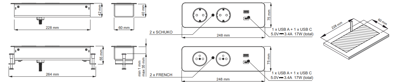Ilgiklis montuojamas balde TAOBOX 2x Schuko lizdai 1x USB, 1x USB-C 1.5m juodas Design Light aprašymas - Prekės nuotrauka