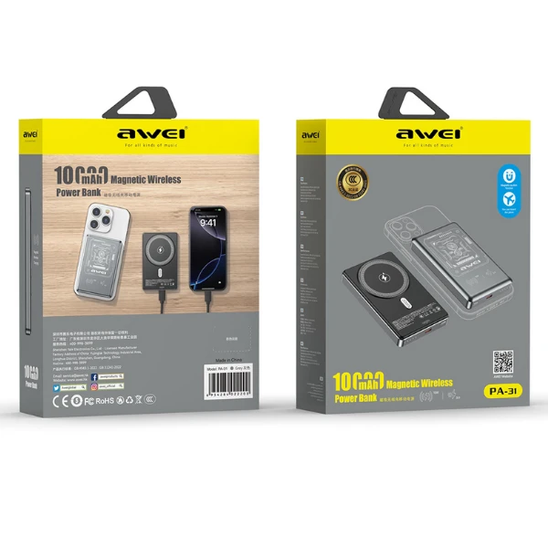 Induction powerbank Awei PA-31 10000mAh MagSafe pilkos spalvos aprašymas - Prekės nuotrauka