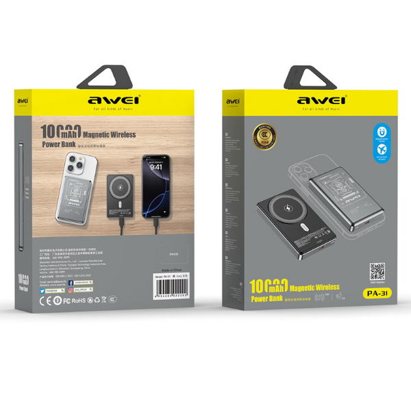 Indukcinis išorinis akumuliatorius Awei PA-31 10000mAh MagSafe pilkos spalvos aprašymas - Prekės nuotrauka
