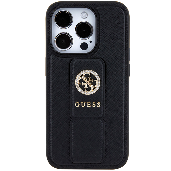 iPhone 15 Pro Max Guess Hardcase Grip Stand 4G Saffiano Strass (GUHCP15XPGSSADK) telefono dėklas juodos spalvos aprašymas - Prekės nuotrauka