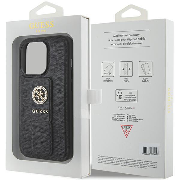 iPhone 15 Pro Max Guess Hardcase Grip Stand 4G Saffiano Strass (GUHCP15XPGSSADK) telefono dėklas juodos spalvos aprašymas - Prekės nuotrauka