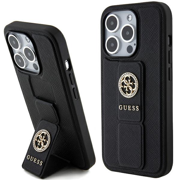 iPhone 15 Pro Max Guess Hardcase Grip Stand 4G Saffiano Strass (GUHCP15XPGSSADK) telefono dėklas juodos spalvos aprašymas - Prekės nuotrauka