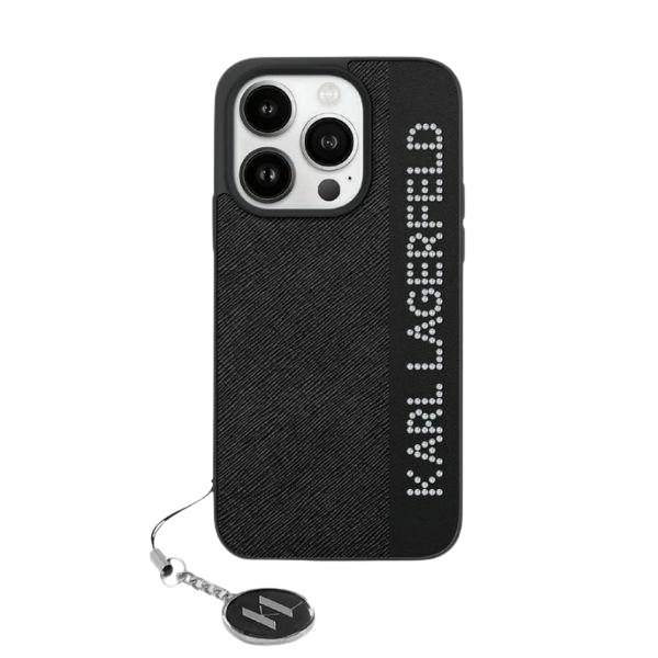 iPhone 15 Pro Max Karl Lagerfeld dėklas Saffiano Rhinestones & Charm (KLHCP15XPSAKDGCK) juodos spalvos aprašymas - Prekės nuotrauka