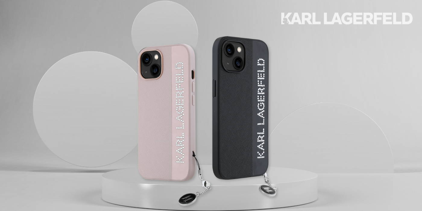 iPhone 15 Pro Max Karl Lagerfeld dėklas Saffiano Rhinestones & Charm (KLHCP15XPSAKDGCK) juodos spalvos aprašymas - Prekės nuotrauka
