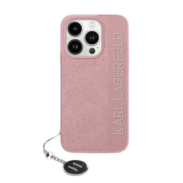 iPhone 15 Pro Max Karl Lagerfeld dėklas Saffiano Rhinestones & Charm (KLHCP15XPSAKDGCP) rožinės spalvos aprašymas - Prekės nuotrauka