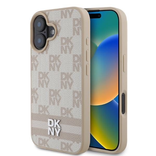 iPhone 16 DKNY languotu raštu ir spaudytais dryžiais (DKHCP16SPCPTSSP) telefono dėklas rožinės spalvos aprašymas - Prekės nuotrauka