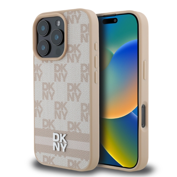 iPhone 16 Pro DKNY languoto rašto ir spaudintų juostelių dėklas (DKHCP16LPCPTSSP) telefonui, rožinės spalvos aprašymas - Prekės nuotrauka