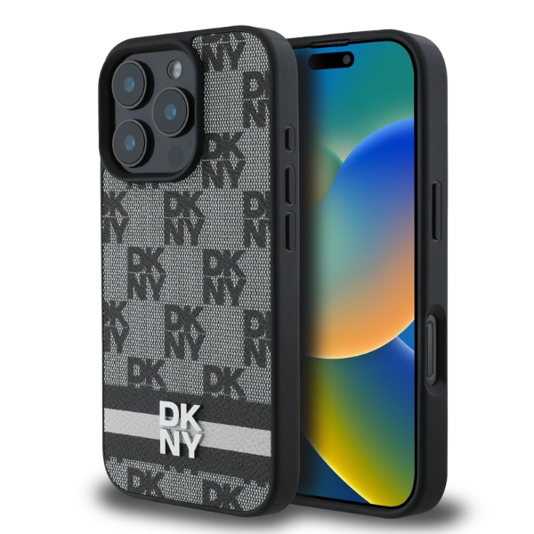 iPhone 16 Pro Max DKNY languoto rašto ir spausdintų juostelių dėklas telefonui, juodos spalvos (DKHCP16XPCPTSSK) aprašymas - Prekės nuotrauka
