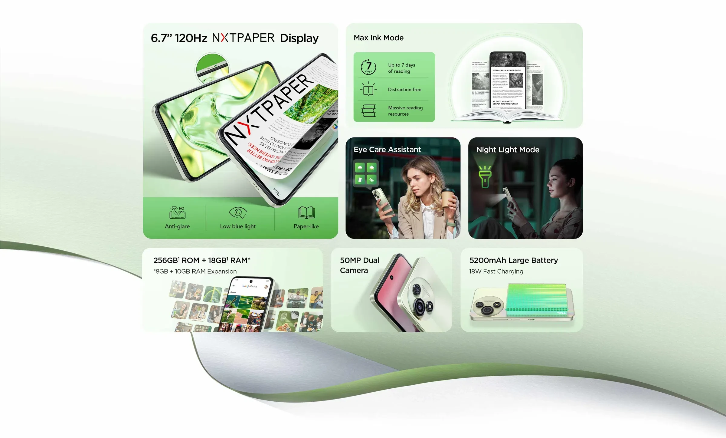 Išmanusis telefonas TCL 60SE Nxtpaper, 8/256 GB, Mint Žalias aprašymas - Prekės nuotrauka