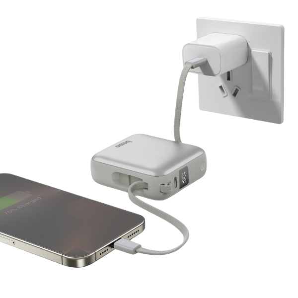 Energea Išorinė baterija 3in1 Bazic Fusion Mini 10000mAh su USB-C/Lightning laidu, pilkos spalvos aprašymas - Prekės nuotrauka
