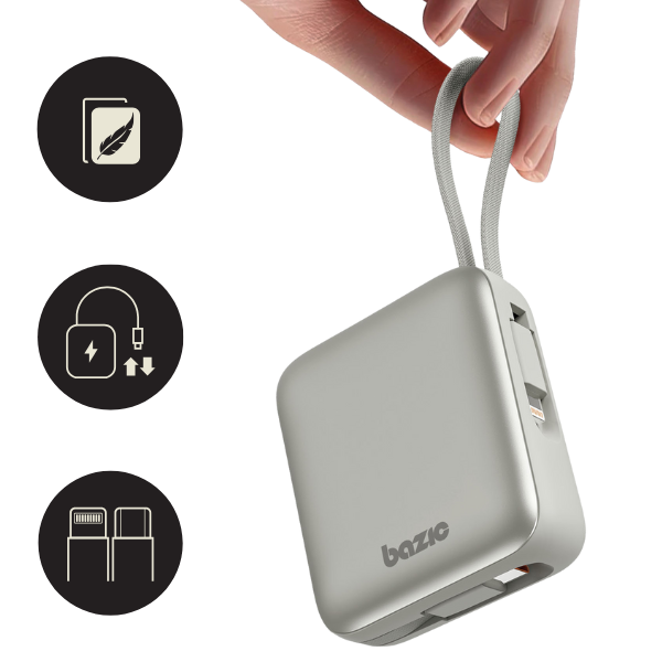 Energea Išorinė baterija 3in1 Bazic Fusion Mini 10000mAh su USB-C/Lightning laidu, pilkos spalvos aprašymas - Prekės nuotrauka