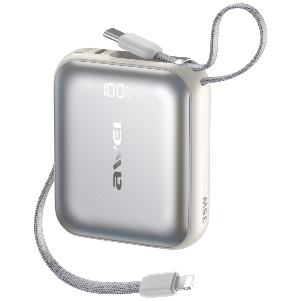 Išorinė baterija Awei AS-181 10000mAh 35W su USB-C + Lightning/USB-C laidais, sidabrinė aprašymas - Prekės nuotrauka