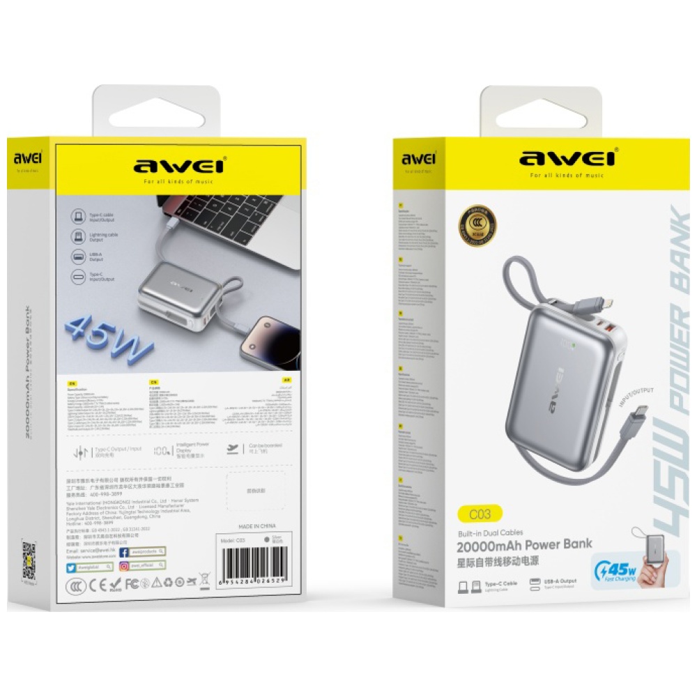 Išorinė baterija Awei C03 20000mAh USB-A/USB-C + Lightning/USB-C laidai sidabrinė aprašymas - Prekės nuotrauka